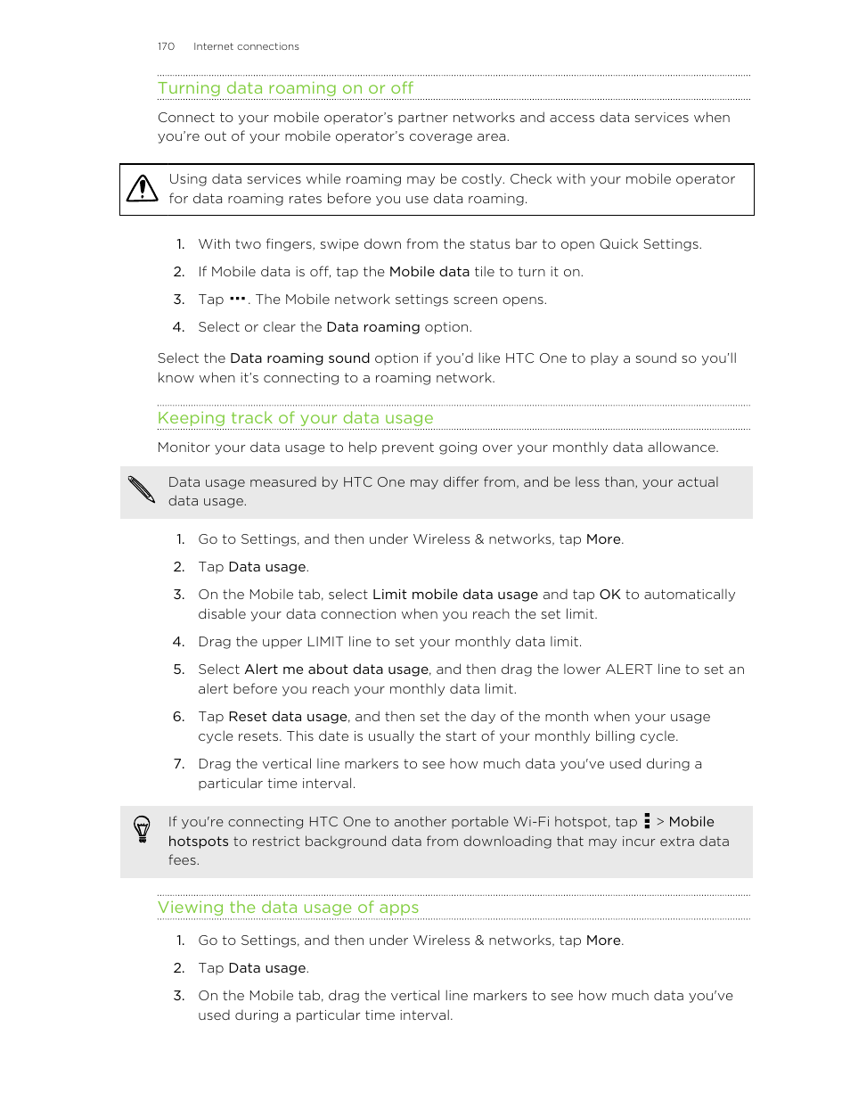Turning data roaming on or off, Keeping track of your data usage, Viewing the data usage of apps | HTC One M8 User Manual | Page 170 / 201