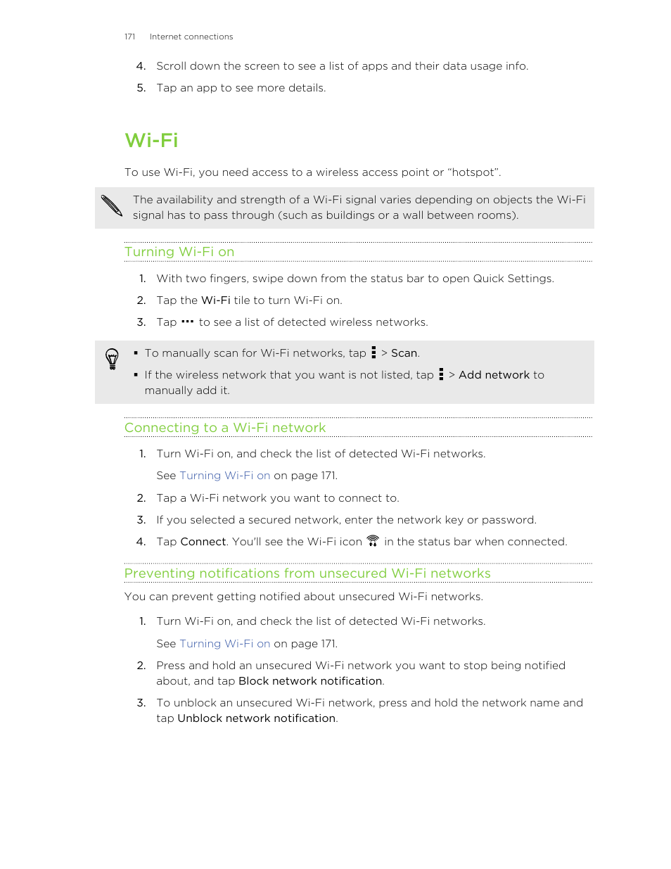 Wi‍-fi, Turning wi‍-fi on, Connecting to a wi‍-fi network | Wi-fi | HTC One M8 User Manual | Page 171 / 201