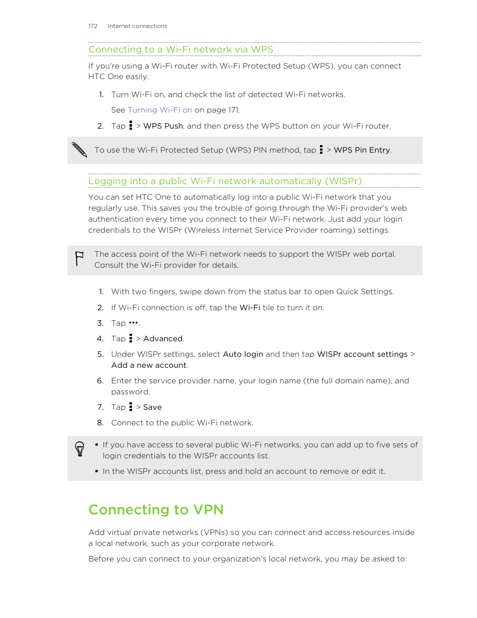 Connecting to a wi‍-fi network via wps, Connecting to vpn | HTC One M8 User Manual | Page 172 / 201