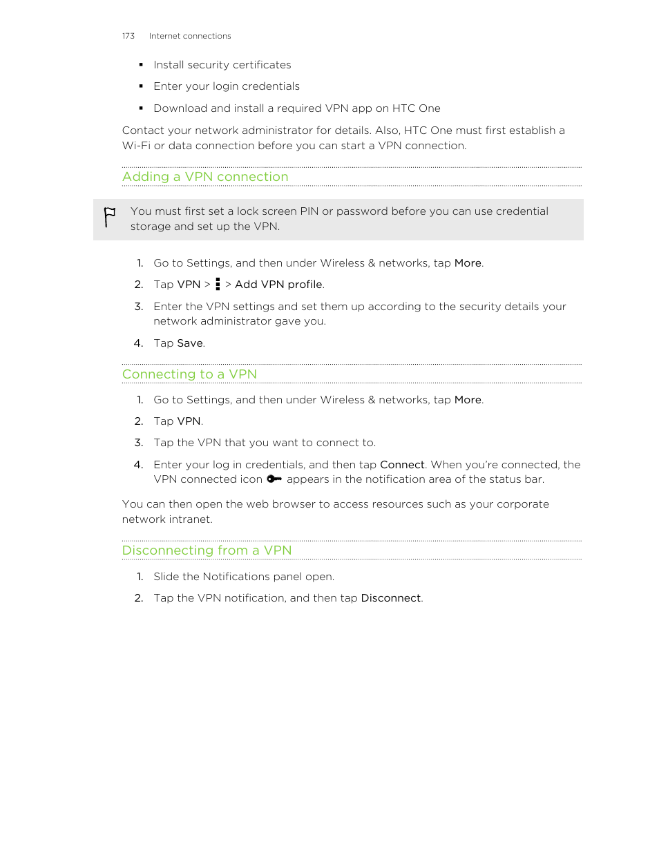 Adding a vpn connection, Connecting to a vpn, Disconnecting from a vpn | HTC One M8 User Manual | Page 173 / 201