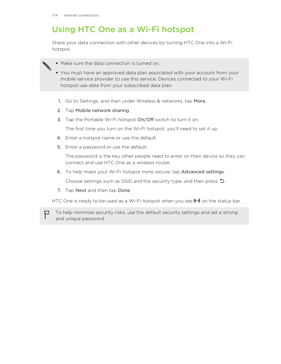 Using htc one as a wi‍-fi hotspot, Using htc one as a wi-fi hotspot | HTC One M8 User Manual | Page 174 / 201