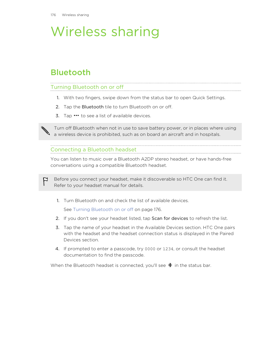 Wireless sharing, Bluetooth, Turning bluetooth on or off | Connecting a bluetooth headset | HTC One M8 User Manual | Page 176 / 201