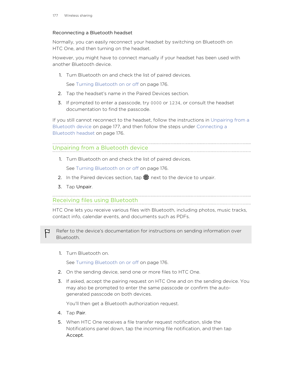 Reconnecting a bluetooth headset, Unpairing from a bluetooth device, Receiving files using bluetooth | HTC One M8 User Manual | Page 177 / 201