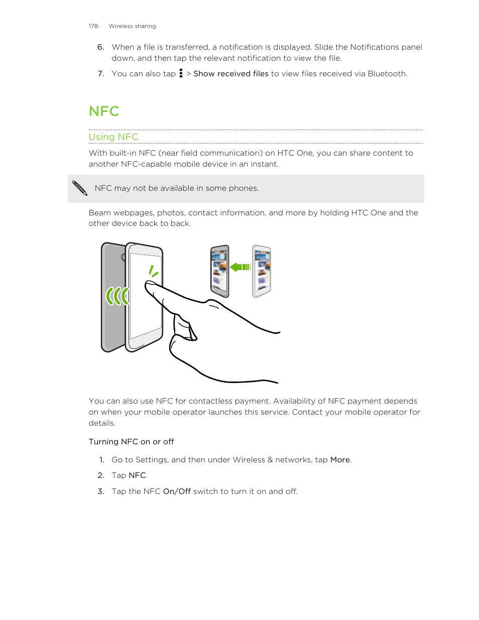 Using nfc, Turning nfc on or off | HTC One M8 User Manual | Page 178 / 201