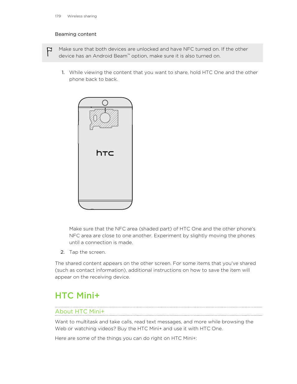 Beaming content, Htc mini, About htc mini | HTC One M8 User Manual | Page 179 / 201