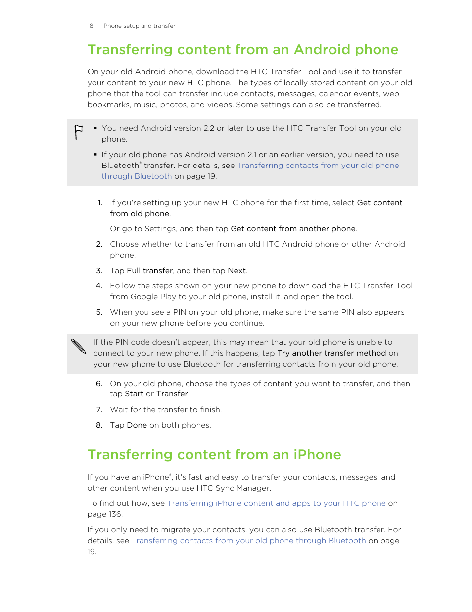 Transferring content from an android phone, Transferring content from an iphone | HTC One M8 User Manual | Page 18 / 201