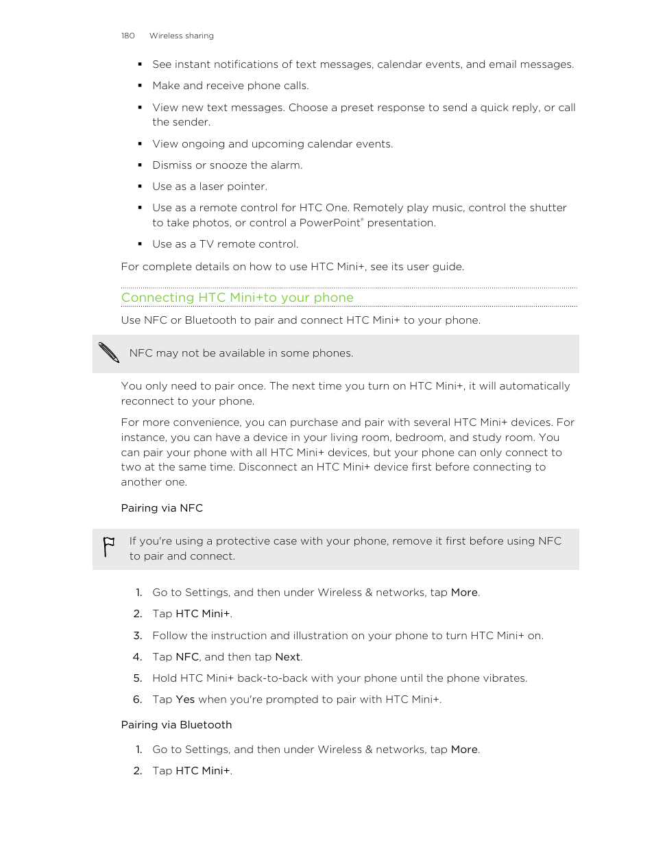 Connecting htc mini‍+to your phone, Pairing via nfc, Pairing via bluetooth | HTC One M8 User Manual | Page 180 / 201