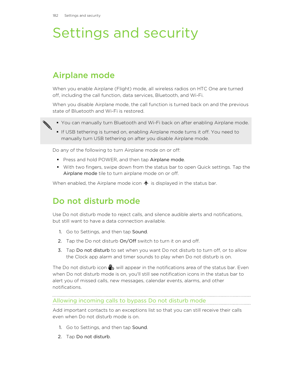 Settings and security, Airplane mode, Do not disturb mode | HTC One M8 User Manual | Page 182 / 201