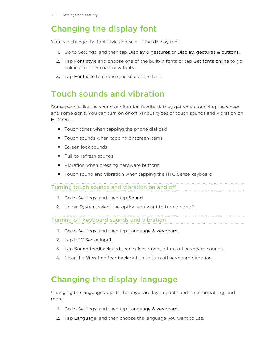 Changing the display font, Touch sounds and vibration, Turning touch sounds and vibration on and off | Turning off keyboard sounds and vibration, Changing the display language | HTC One M8 User Manual | Page 185 / 201