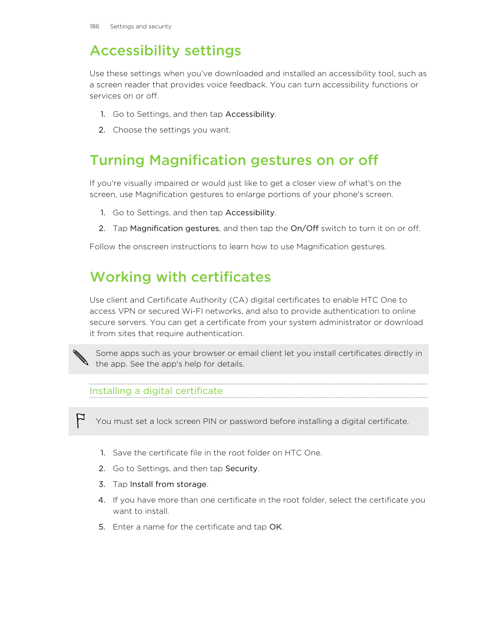 Accessibility settings, Turning magnification gestures on or off, Working with certificates | Installing a digital certificate | HTC One M8 User Manual | Page 186 / 201