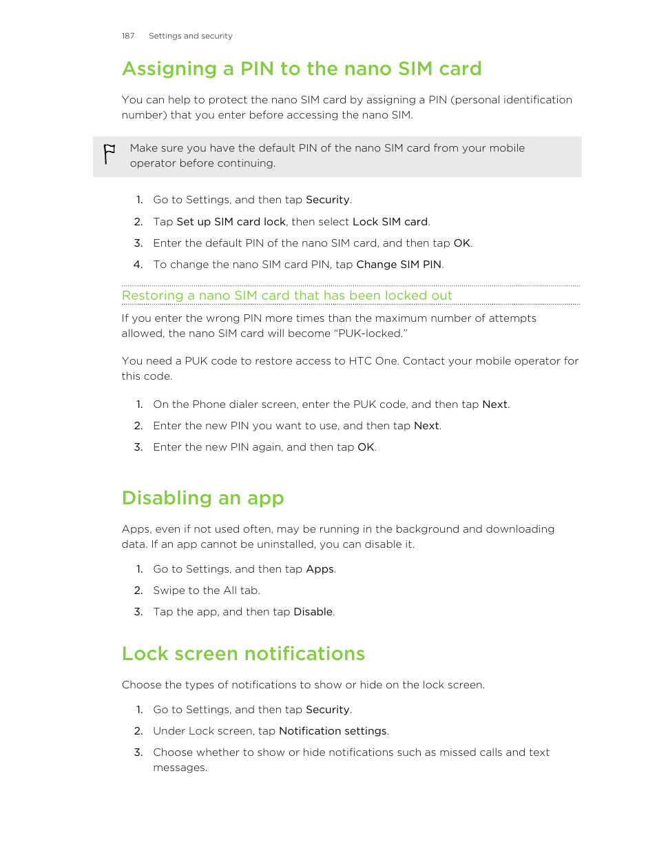 Assigning a pin to the nano sim card, Restoring a nano sim card that has been locked out, Disabling an app | Lock screen notifications | HTC One M8 User Manual | Page 187 / 201