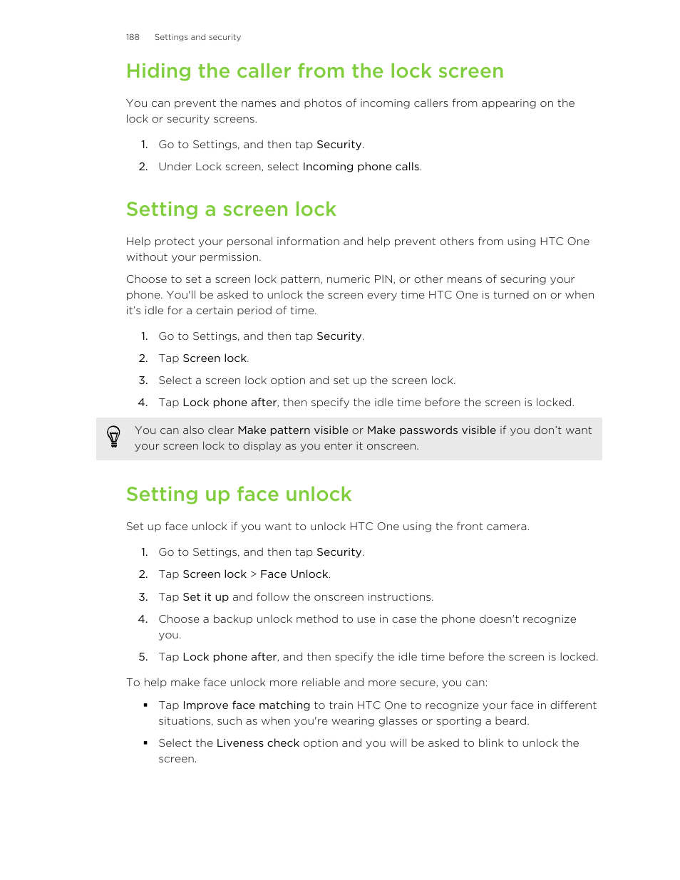 Hiding the caller from the lock screen, Setting a screen lock, Setting up face unlock | HTC One M8 User Manual | Page 188 / 201