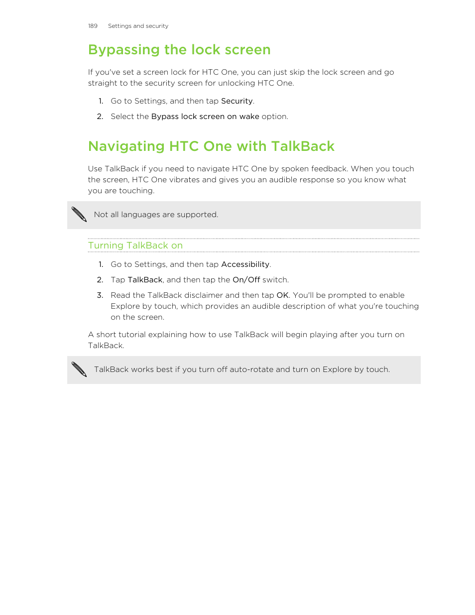 Bypassing the lock screen, Navigating htc one with talkback, Turning talkback on | HTC One M8 User Manual | Page 189 / 201