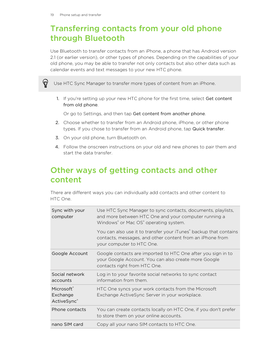 Other ways of getting contacts and other content, Transfer. for details, see, Transferring contacts from your old phone | Through bluetooth | HTC One M8 User Manual | Page 19 / 201