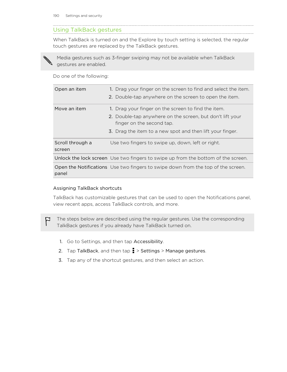 Using talkback gestures, Assigning talkback shortcuts | HTC One M8 User Manual | Page 190 / 201