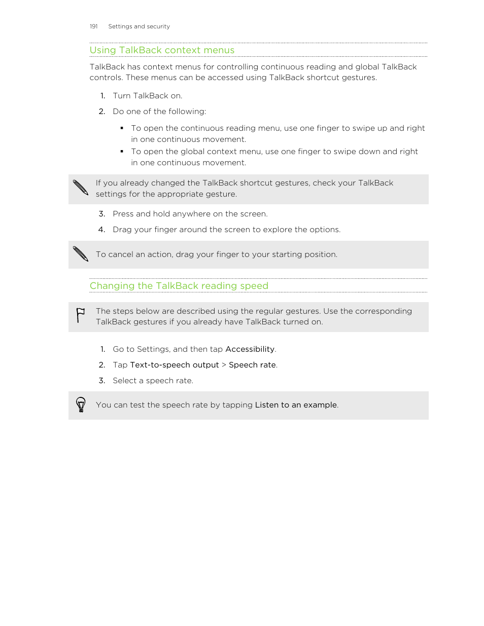 Using talkback context menus, Changing the talkback reading speed | HTC One M8 User Manual | Page 191 / 201