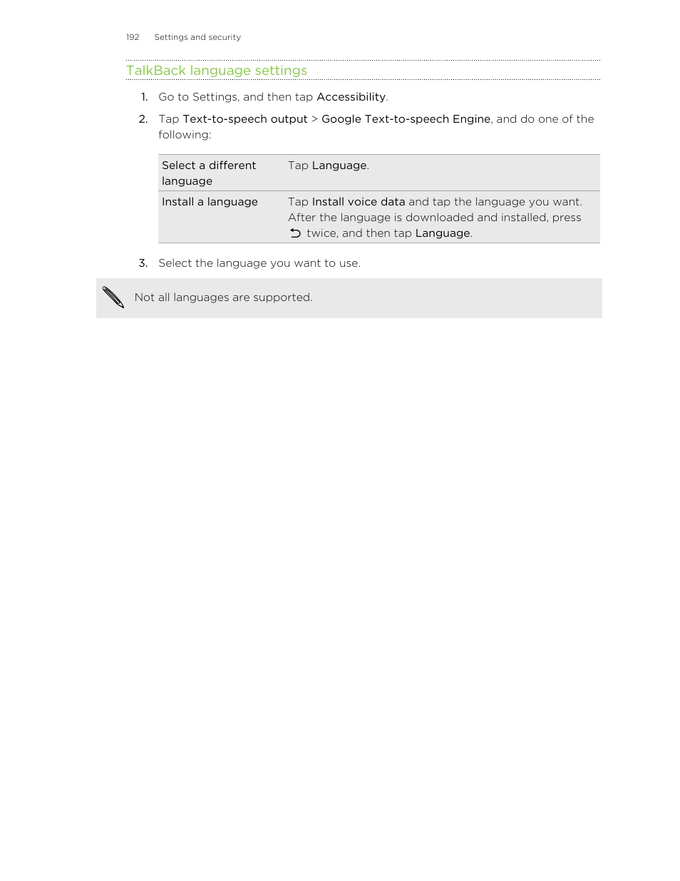 Talkback language settings | HTC One M8 User Manual | Page 192 / 201