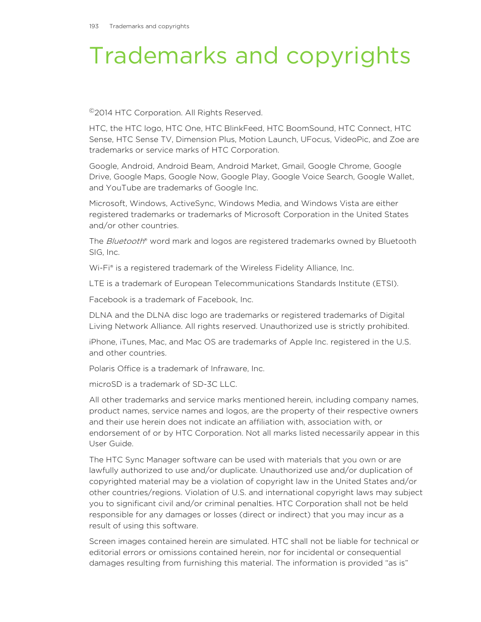 Trademarks and copyrights | HTC One M8 User Manual | Page 193 / 201