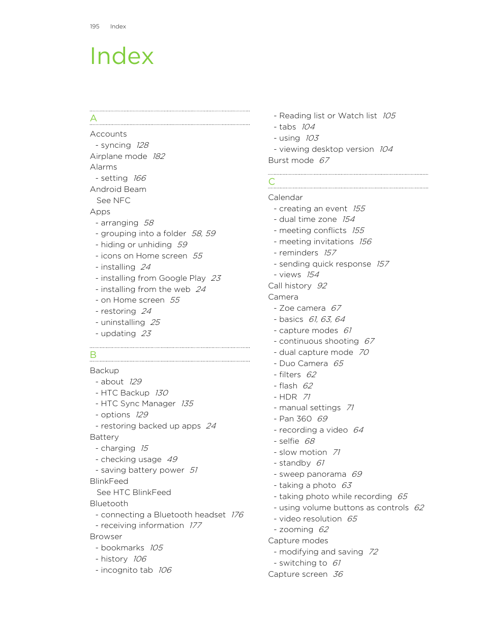 Index | HTC One M8 User Manual | Page 195 / 201