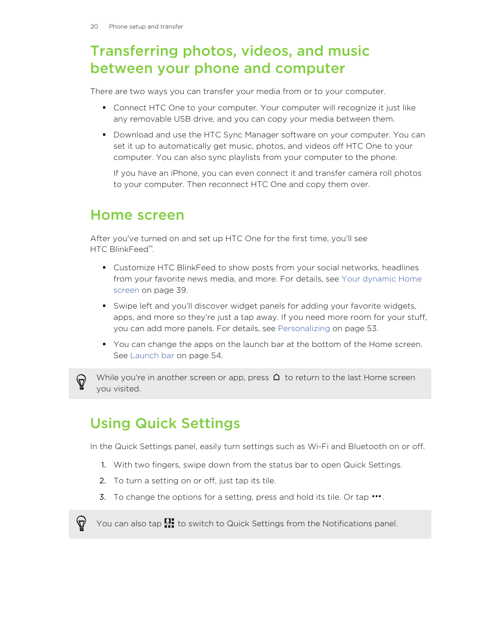 Home screen, Using quick settings | HTC One M8 User Manual | Page 20 / 201