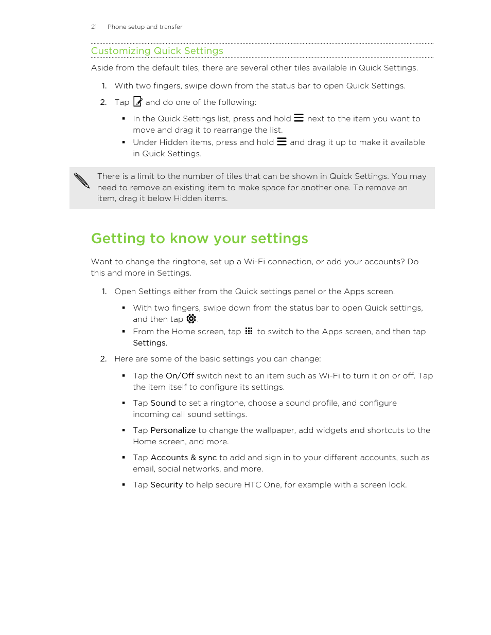 Customizing quick settings, Getting to know your settings | HTC One M8 User Manual | Page 21 / 201