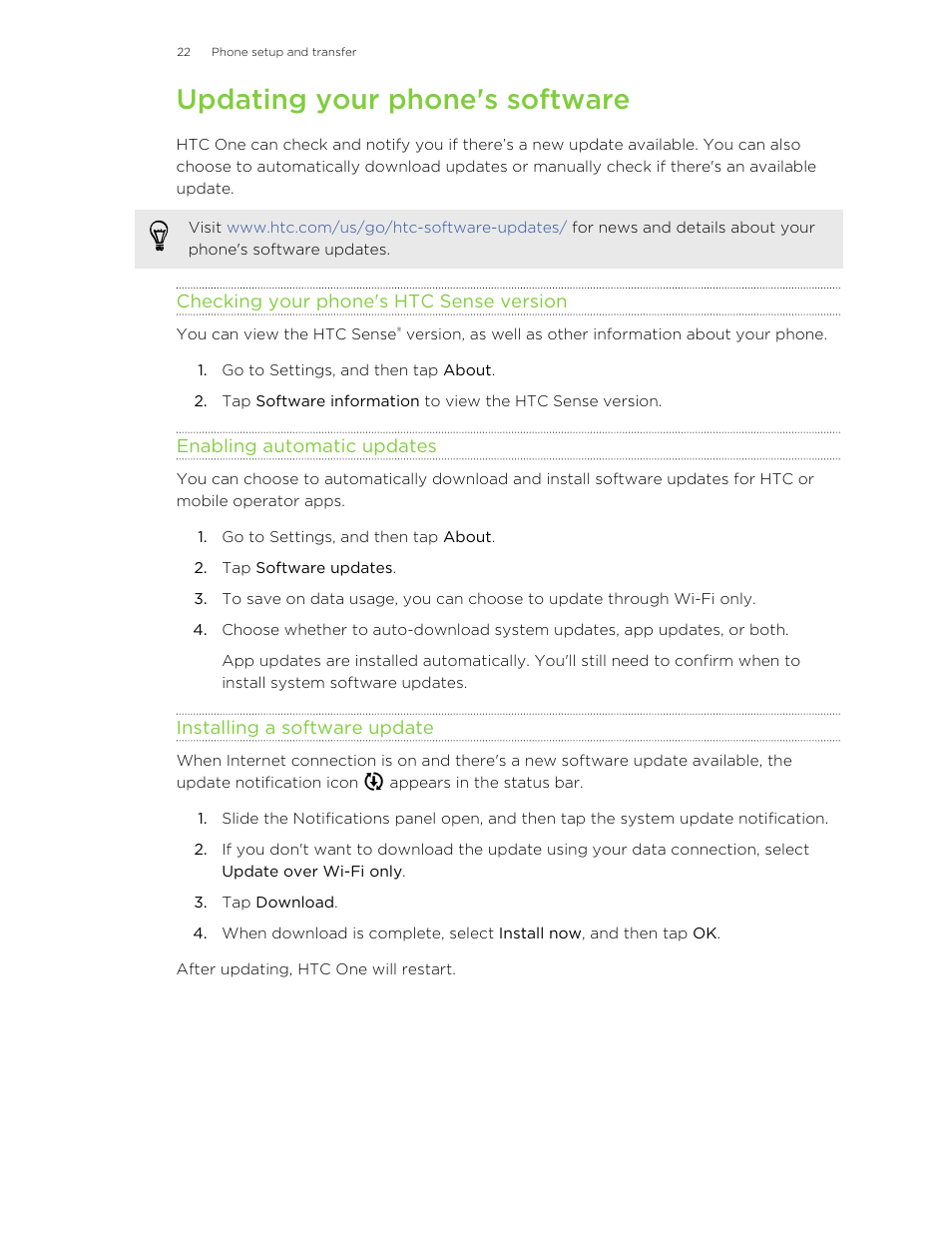 Updating your phone's software, Checking your phone's htc sense version, Enabling automatic updates | Installing a software update | HTC One M8 User Manual | Page 22 / 201