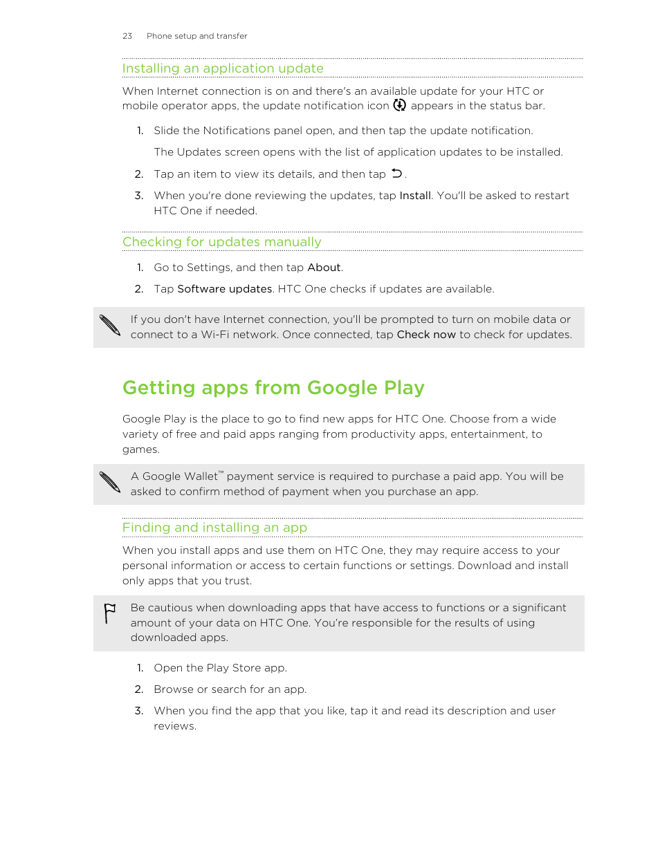 Installing an application update, Checking for updates manually, Getting apps from google play | Finding and installing an app | HTC One M8 User Manual | Page 23 / 201