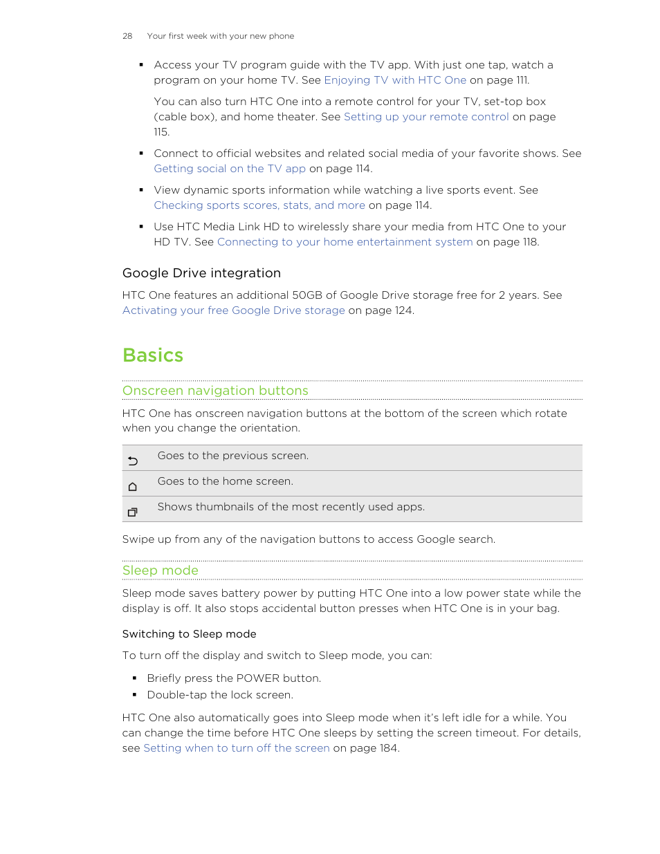 Basics, Onscreen navigation buttons, Sleep mode | Switching to sleep mode | HTC One M8 User Manual | Page 28 / 201