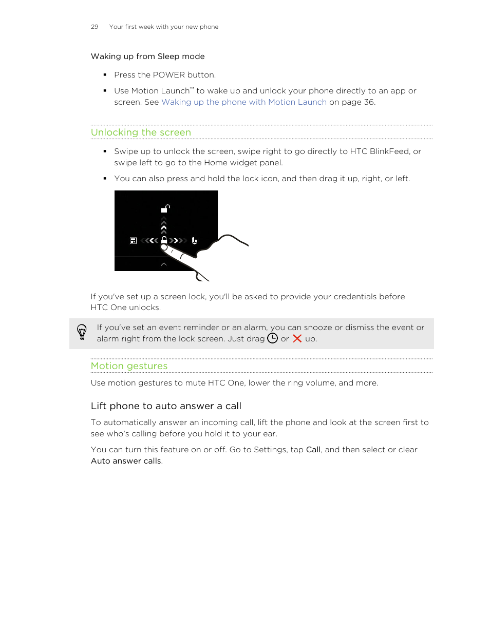 Waking up from sleep mode, Unlocking the screen, Motion gestures | HTC One M8 User Manual | Page 29 / 201