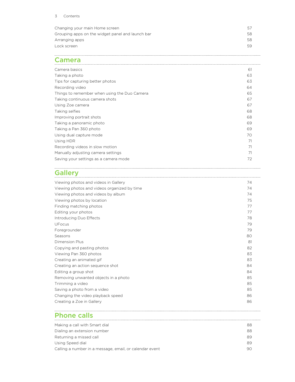 Camera, Gallery, Phone calls | HTC One M8 User Manual | Page 3 / 201