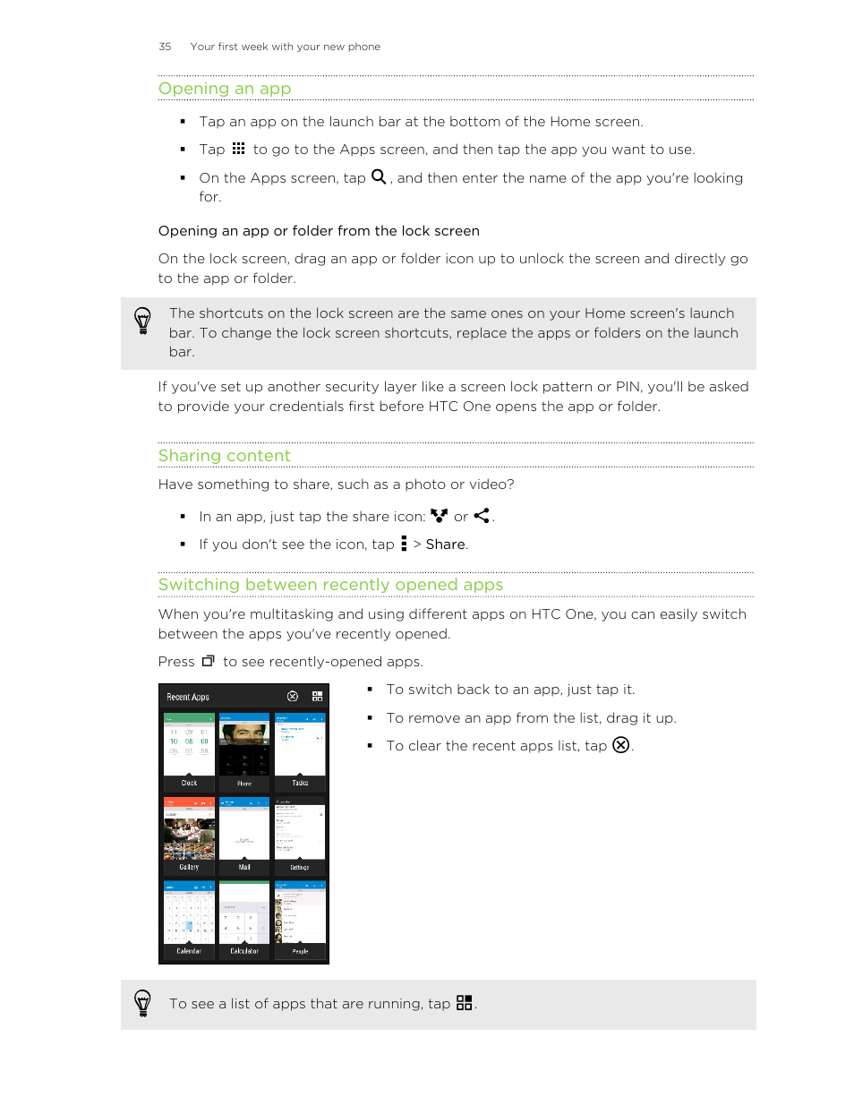 Opening an app, Opening an app or folder from the lock screen, Sharing content | Switching between recently opened apps | HTC One M8 User Manual | Page 35 / 201