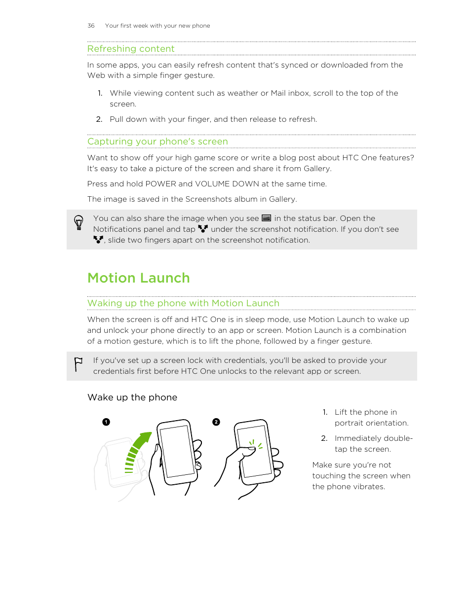 Refreshing content, Capturing your phone's screen, Motion launch | Waking up the phone with motion launch | HTC One M8 User Manual | Page 36 / 201
