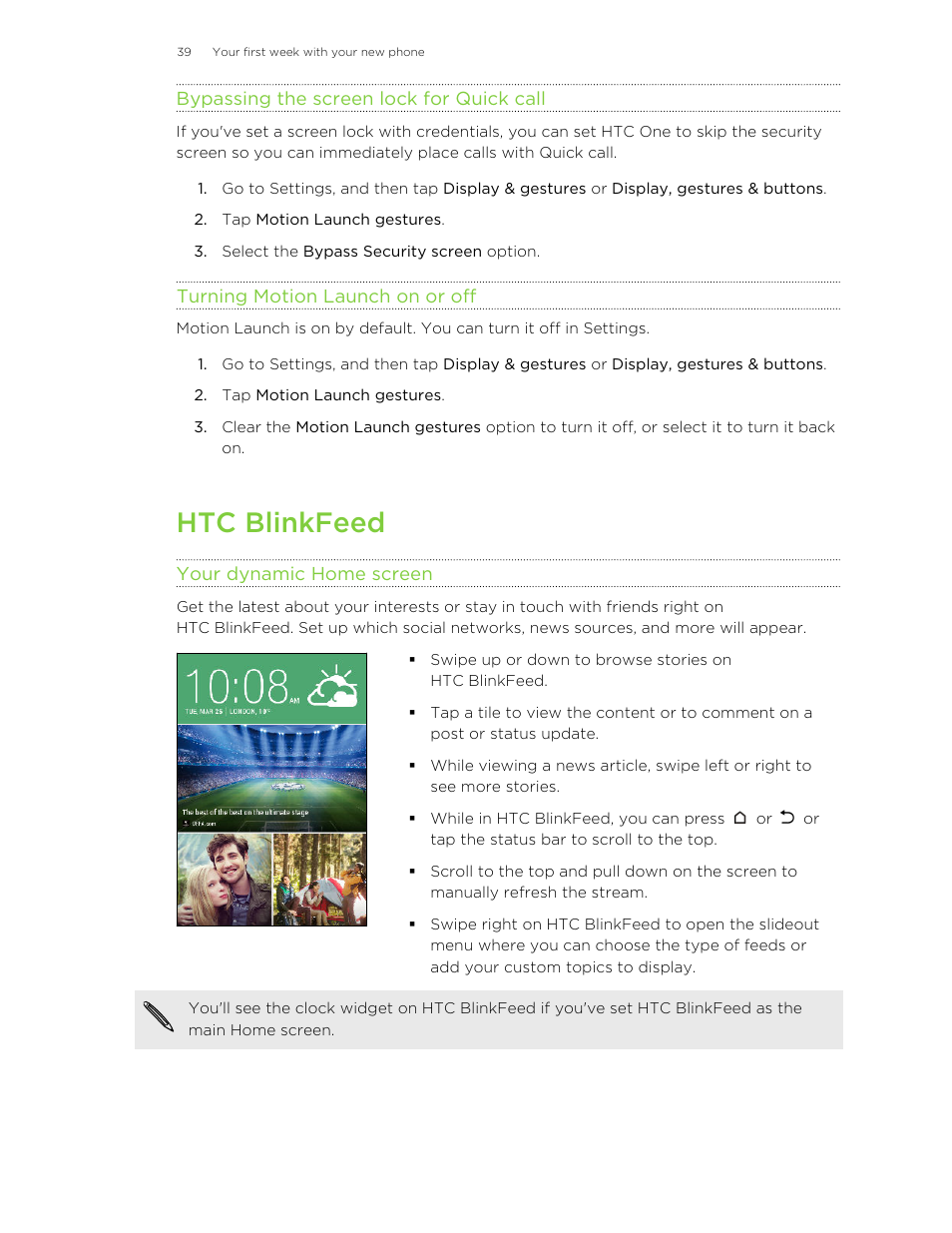 Bypassing the screen lock for quick call, Turning motion launch on or off, Htc blinkfeed | Your dynamic home screen, Your dynamic home, Screen | HTC One M8 User Manual | Page 39 / 201