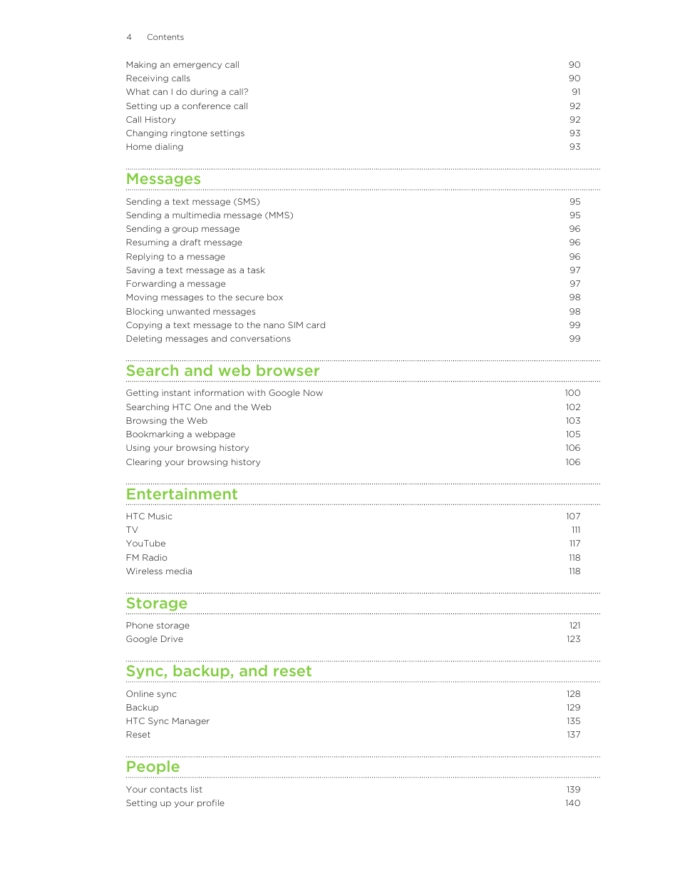 Messages, Search and web browser, Entertainment | Storage, Sync, backup, and reset, People | HTC One M8 User Manual | Page 4 / 201
