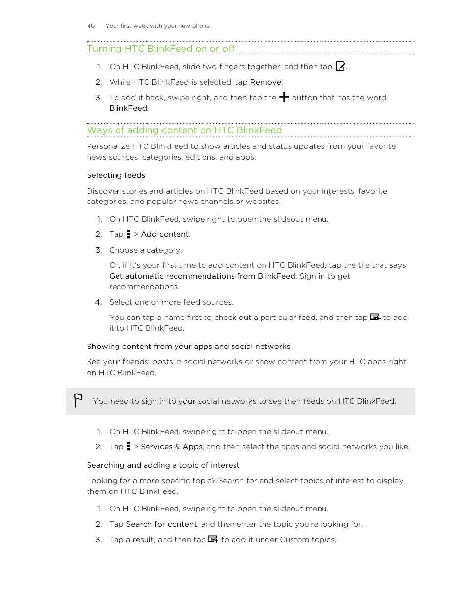 Turning htc blinkfeed on or off, Ways of adding content on htc blinkfeed, Selecting feeds | Showing content from your apps and social networks, Searching and adding a topic of interest | HTC One M8 User Manual | Page 40 / 201