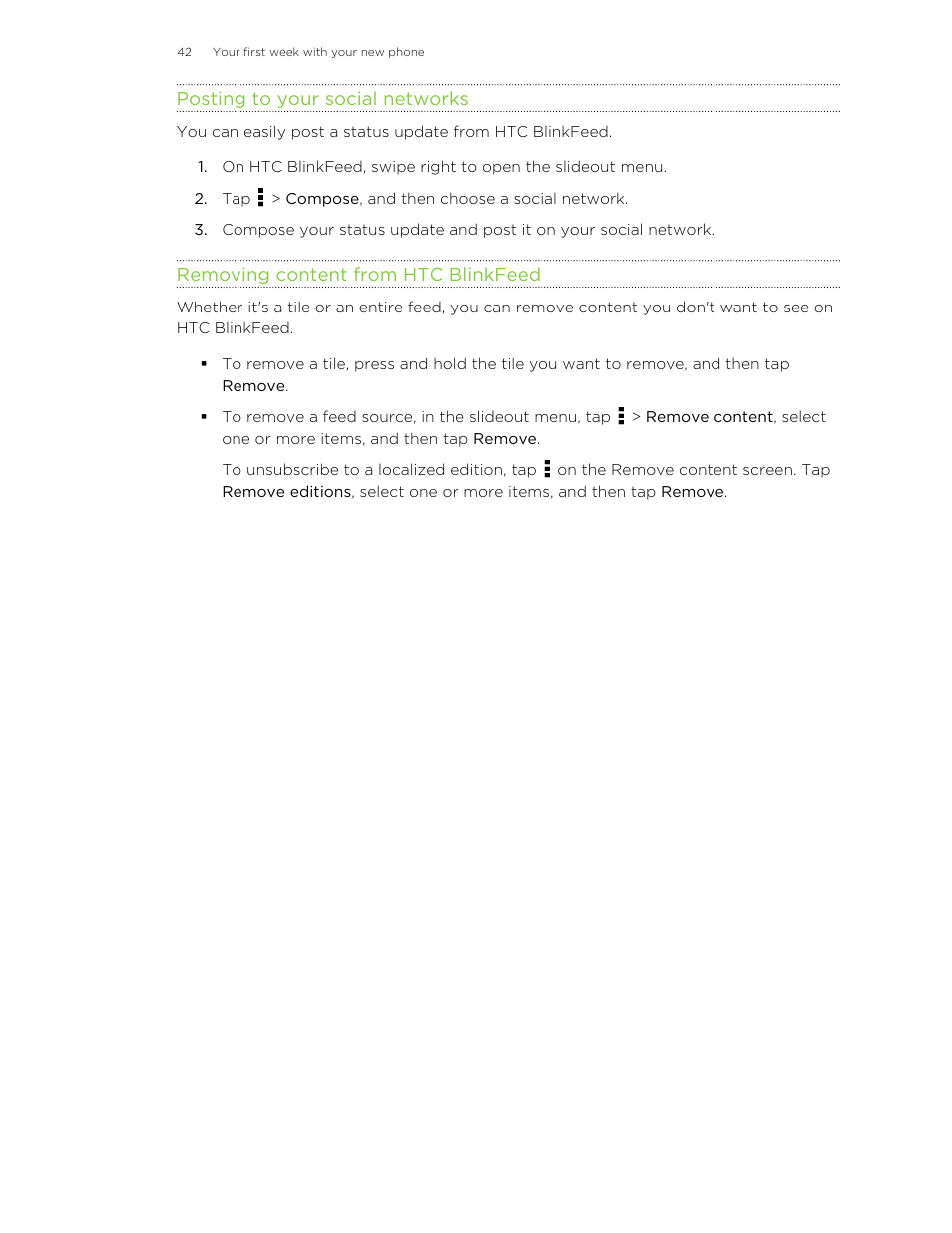 Posting to your social networks, Removing content from htc blinkfeed | HTC One M8 User Manual | Page 42 / 201