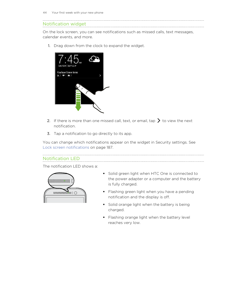 Notification widget, Notification led | HTC One M8 User Manual | Page 44 / 201