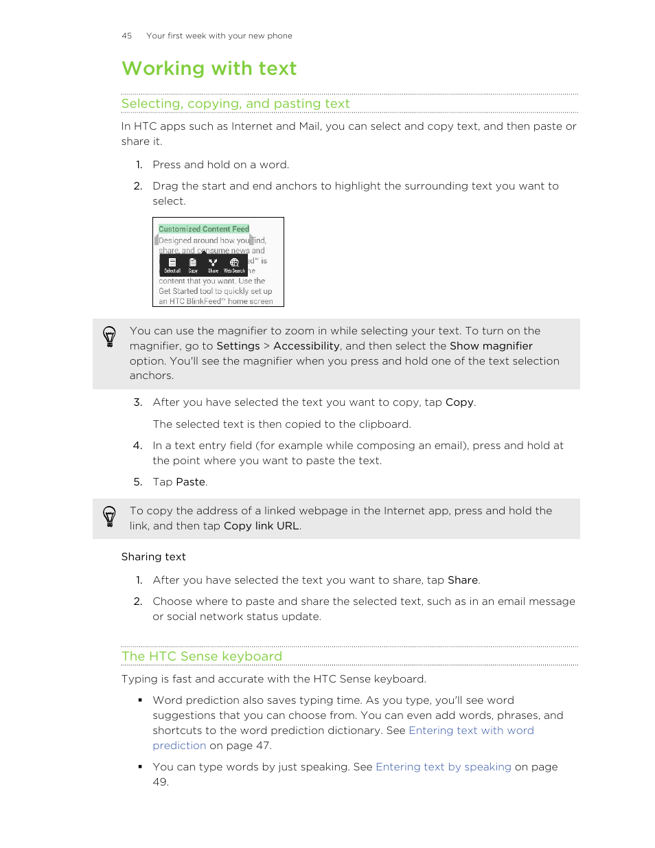 Working with text, Selecting, copying, and pasting text, Sharing text | The htc sense keyboard | HTC One M8 User Manual | Page 45 / 201