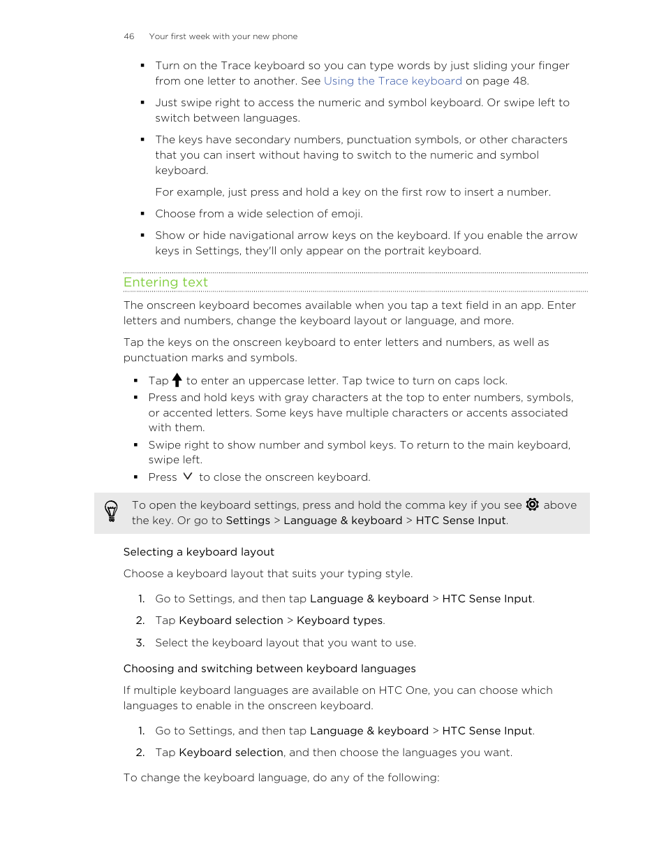 Entering text, Selecting a keyboard layout, Choosing and switching between keyboard languages | HTC One M8 User Manual | Page 46 / 201