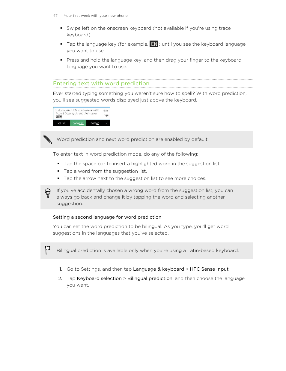 Entering text with word prediction, Setting a second language for word prediction, Shortcuts to the word prediction dictionary. see | Entering text with word, Prediction | HTC One M8 User Manual | Page 47 / 201