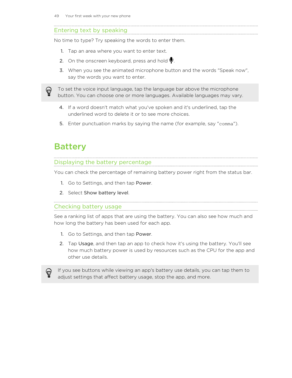Entering text by speaking, Battery, Displaying the battery percentage | Checking battery usage, You can type words by just speaking. see | HTC One M8 User Manual | Page 49 / 201
