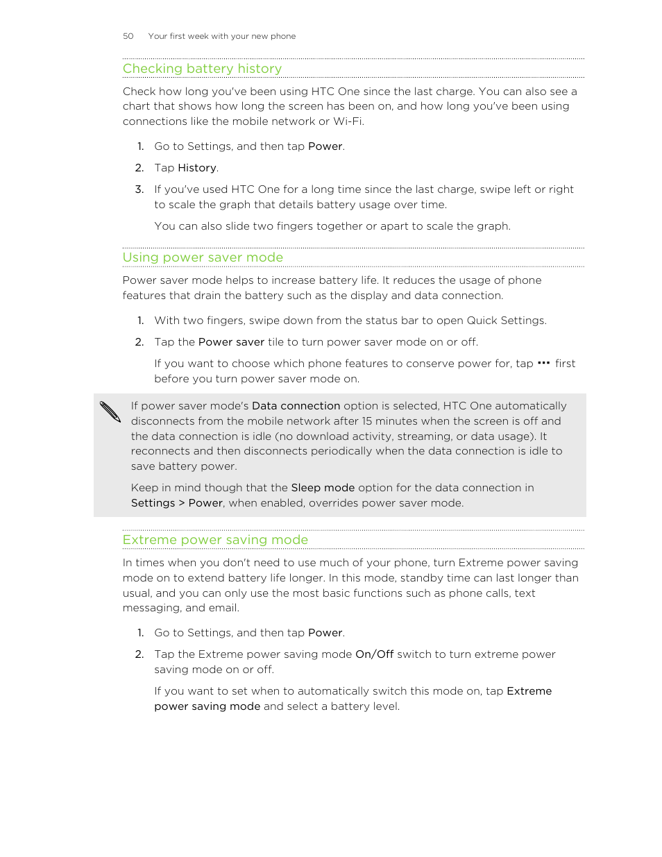 Checking battery history, Using power saver mode, Extreme power saving mode | HTC One M8 User Manual | Page 50 / 201