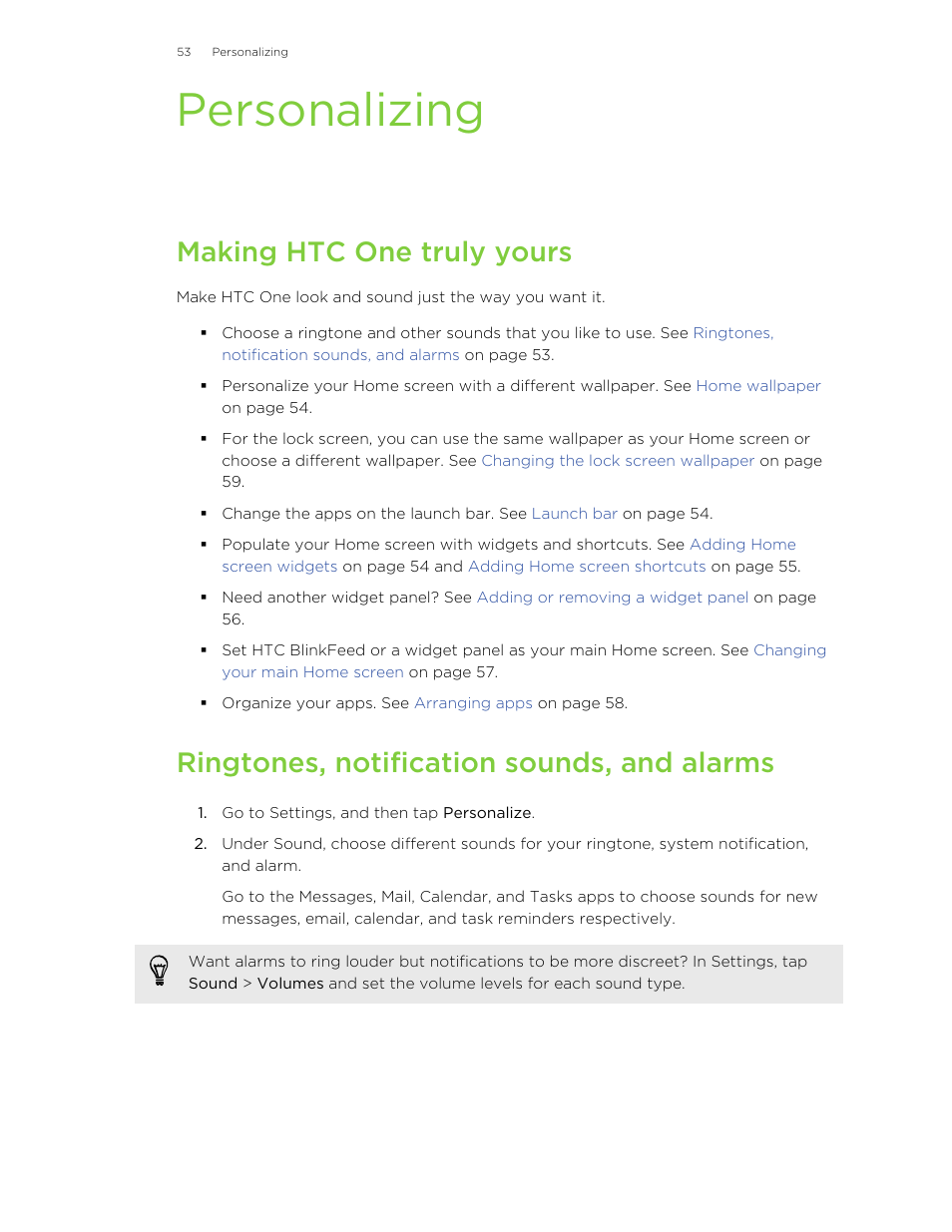 Personalizing, Making htc one truly yours, Ringtones, notification sounds, and alarms | HTC One M8 User Manual | Page 53 / 201