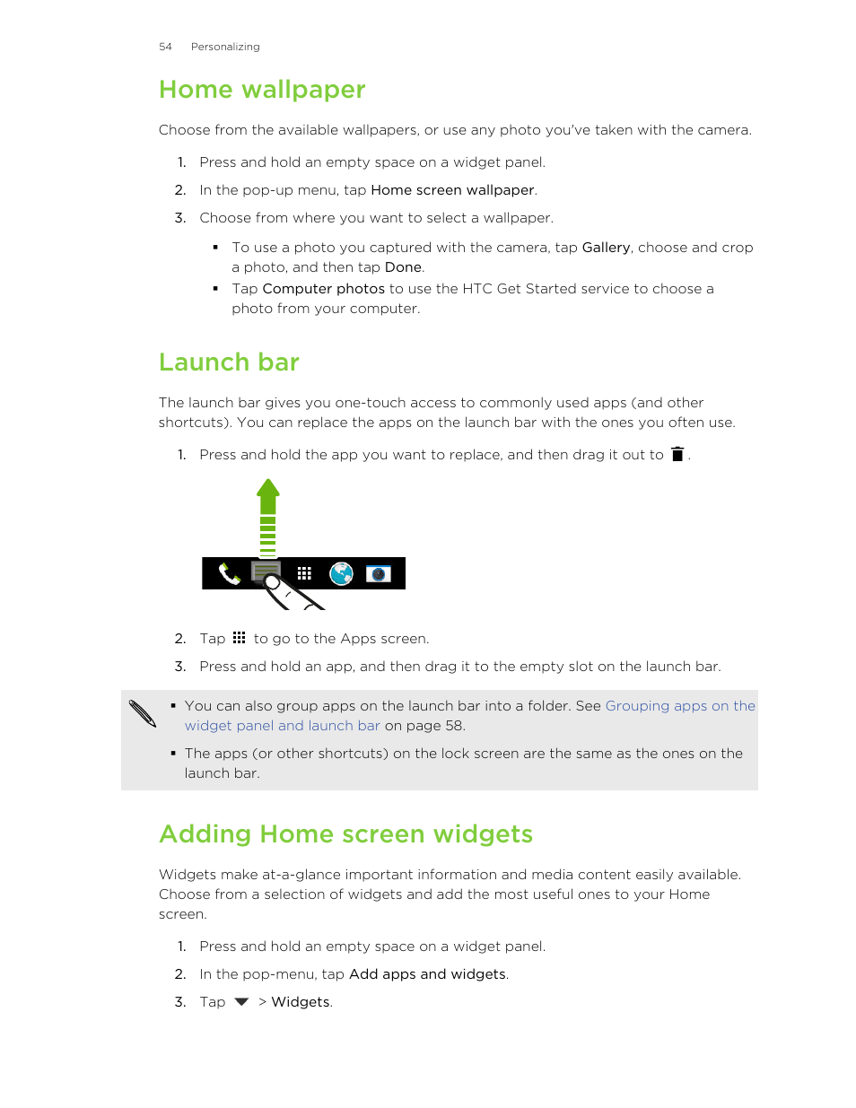 Home wallpaper, Launch bar, Adding home screen widgets | Adding home, Screen widgets | HTC One M8 User Manual | Page 54 / 201
