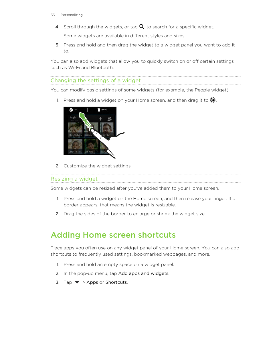 Changing the settings of a widget, Resizing a widget, Adding home screen shortcuts | HTC One M8 User Manual | Page 55 / 201