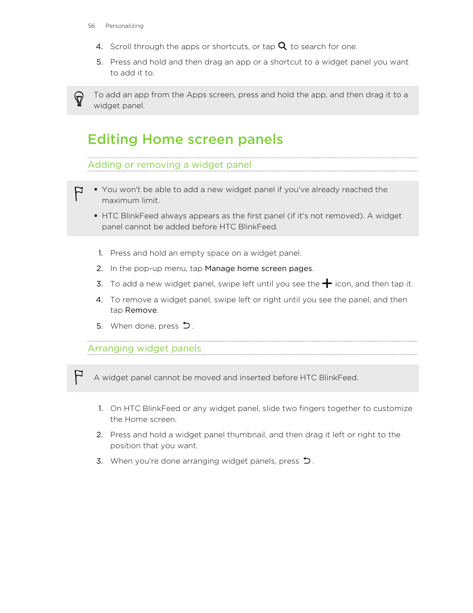 Editing home screen panels, Adding or removing a widget panel, Arranging widget panels | HTC One M8 User Manual | Page 56 / 201