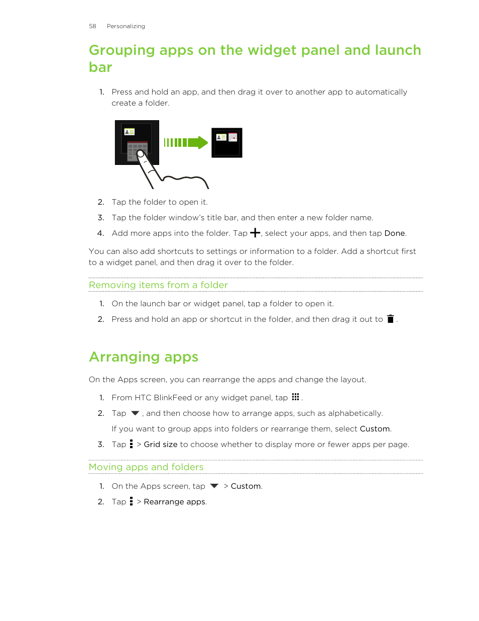 Grouping apps on the widget panel and launch bar, Removing items from a folder, Arranging apps | Moving apps and folders | HTC One M8 User Manual | Page 58 / 201