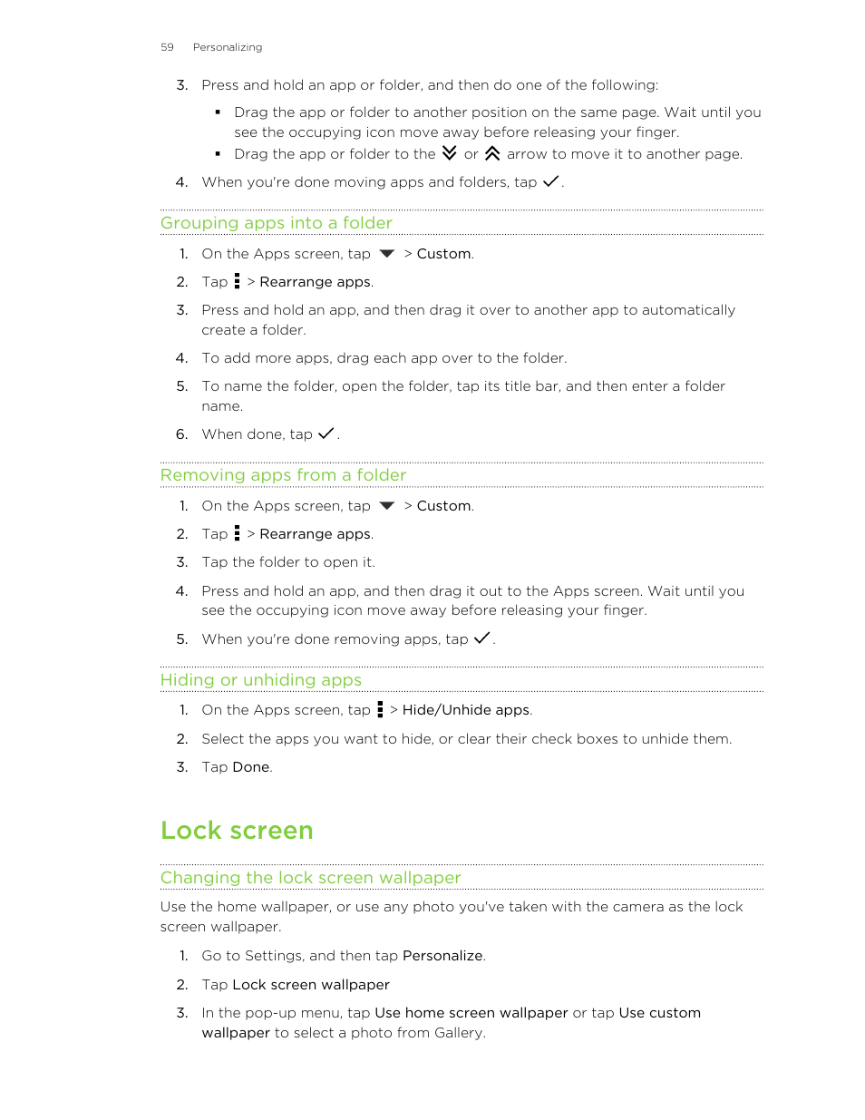 Grouping apps into a folder, Removing apps from a folder, Hiding or unhiding apps | Lock screen, Changing the lock screen wallpaper, Choose a different wallpaper. see | HTC One M8 User Manual | Page 59 / 201