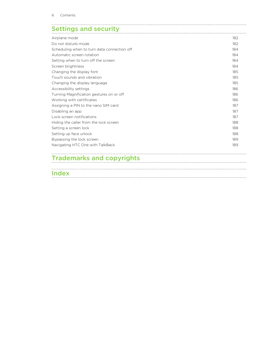Settings and security, Trademarks and copyrights index | HTC One M8 User Manual | Page 6 / 201