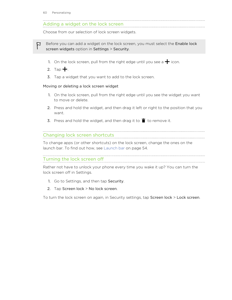 Adding a widget on the lock screen, Moving or deleting a lock screen widget, Changing lock screen shortcuts | Turning the lock screen off | HTC One M8 User Manual | Page 60 / 201